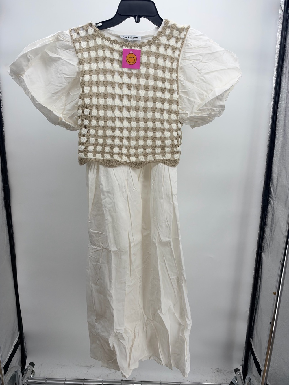 Puff-Sleeve Dress with Beige Check Knit Vest - Cream/Beige